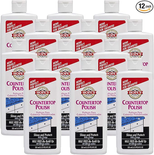 HOPE'S Countertop Restoration Polish, Streak-Free Kitchen Counter Cleaner, No Buildup on Countertops, Quartz, Marble, Corian, Composite, and Granite Polish, 8 Fl Oz, Pack of 12