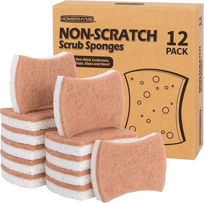 Natural Dish Sponge 12 Pack, Non-Scratch Scrub Kitchen Sponge, Eco Multipurpose, Odor-Less Dual-Sided for Dish Washing & Household Cleaning