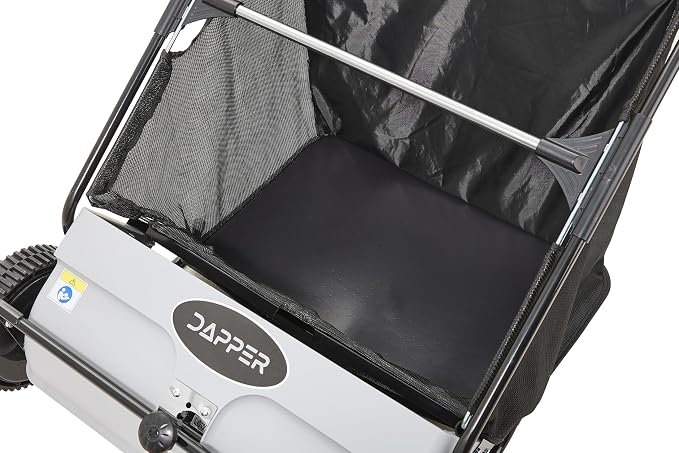 Dapper Supply 26-Inch Push Lawn Sweeper, Grass, Lawn and Leaf Cleanup Collector with Large 7 cu. ft. Hopper Bag, and Dual Spinning Brushes, Grey