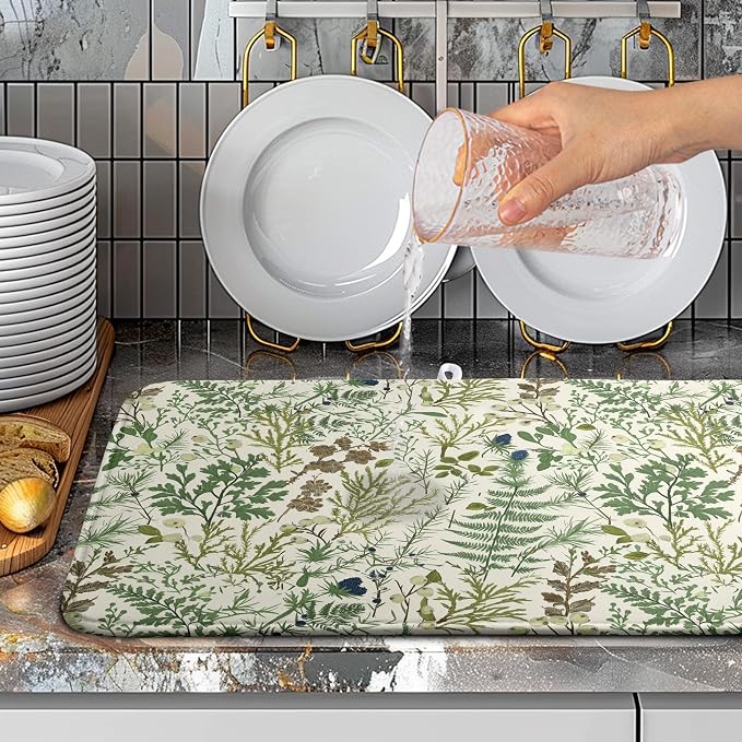 Sage Green Botanical Floral Dish Drying Mat for Kitchen Counter Vintage Herbs Fern Leaves Plant Drying Mats Absorbent Microfiber Dishes Drainer Mats Washable Dish Draining Pad Extra Large 18"x24"