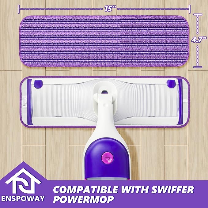 Reusable Microfiber Mop Pads for Swiffer PowerMop: 15” Washable Refills | 4 Absorbent Mopping Replacements, Wet Dry Use, for Multi-Surface Hardwood Tile Floor, Kitchen Bathroom Cleaning, Purple
