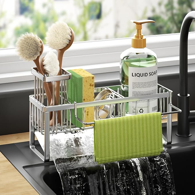 HapiRm Sponge Holder for Kitchen Sink - Self-draining Sink Caddy with Brush and Dishcloth Holders with Sloping Drainage - Silver