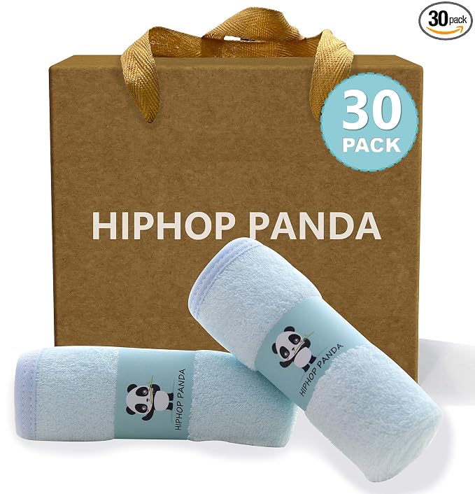 HIPHOP PANDA Baby Washcloths, Rayon Made from Bamboo - 2 Layer Ultra Soft Absorbent Newborn Bath Face Towel - Reusable Baby Wipes for Delicate Skin - Blue, 30 Pack