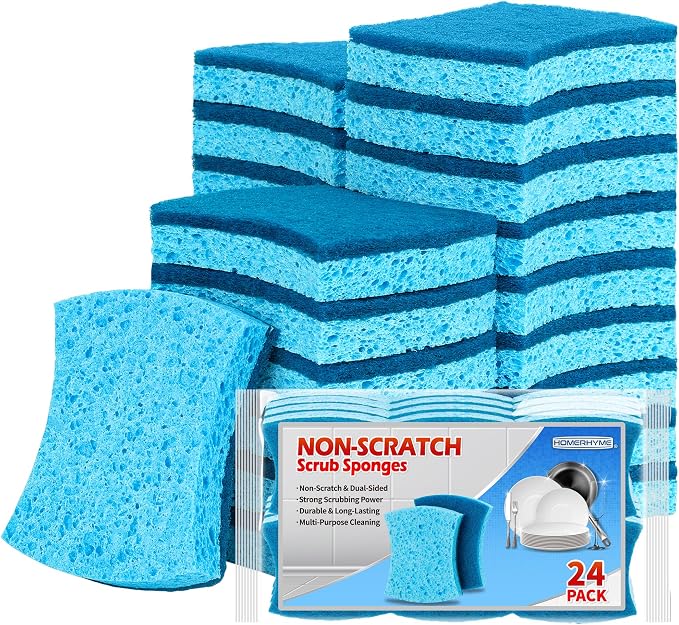 Non-Scratch Cellulose Scrub Sponges 24 Pack, Kitchen Sponge with Double-Side & Ergonomic Design. Sturdy Sponge for Dishes, Coated Cookware, Sink, Countertops.