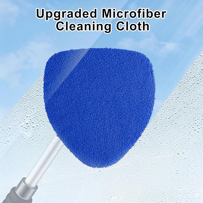 JUSTTOP Windshield Cleaner Tool, Car Interior and Exterior Window Cleaning Kit with Extendable Handle & 4 Reusable Microfiber Pads, Auto Glass Wiper Brush Kit for Car & Home Windows (Blue)