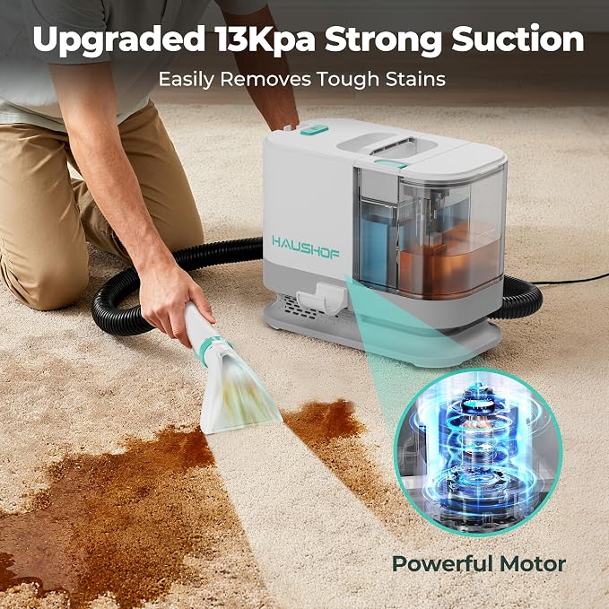 HAUSHOF Portable Carpet, Upholstery Cleaner Machine, 13Kpa Suction | Powerful Stain & Spot Remover, with Cleaning Solution, Deep Stain Cleaning for Carpet, Car Seats, Pets, Couches, Rug