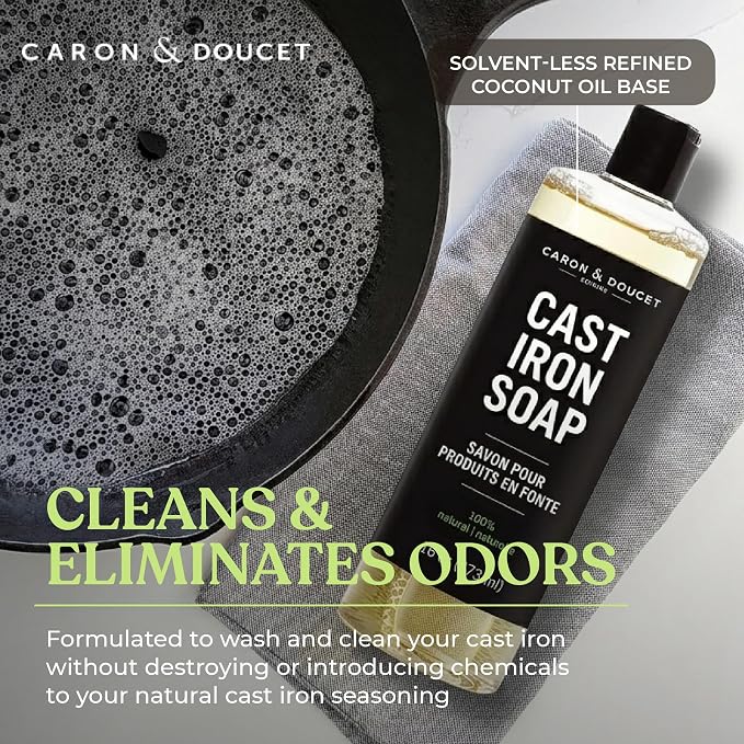 CARON & DOUCET - Cast Iron Cleaning & Conditioning Set PLUS: Seasoning Oil & Cleaning Soap | 100% Plant-Based | Best for Washing, Restoring & Seasoning Cast Iron Skillets, Pans & Grills - 16oz Each