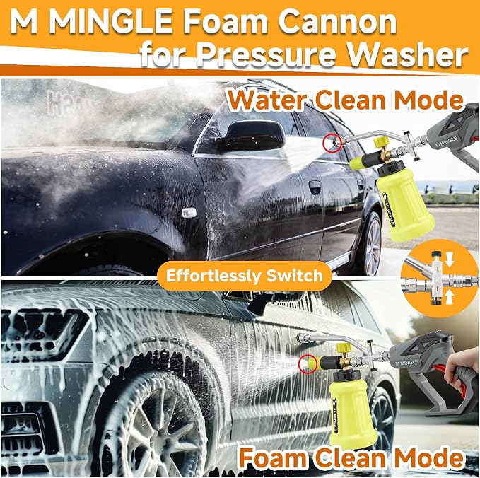 M MINGLE High Pressure Washer Gun with Foam Cannon, Foam Cannon Dual Connector Accessory, Car Wash Foam Gun Kit 1/4 Inch Quick Connector, 5 Pressure Washer Nozzle Tips