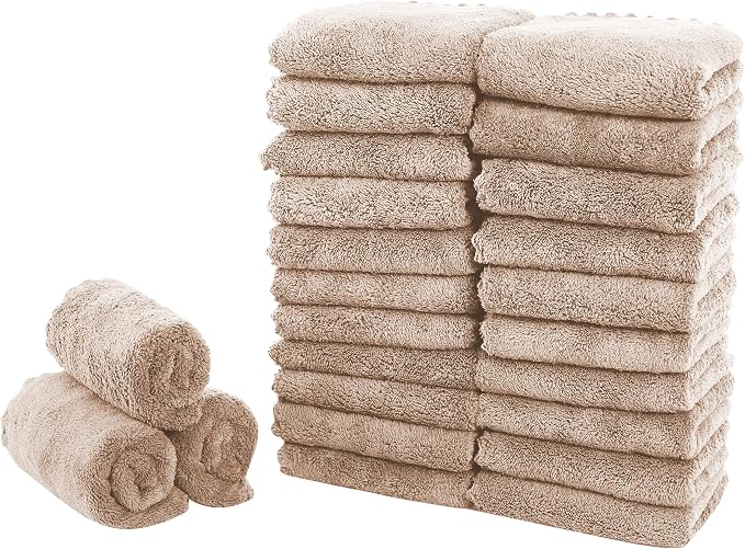 Sunny zzzZZ 24 Pack Kitchen Dishcloths - Does Not Shed Fluff - Reusable Dish Towels, Dish Cloths, Super Absorbent Coral Fleece Cleaning Cloths, Nonstick Oil Washable Fast Drying, 10 x 20 Inch (Brown)