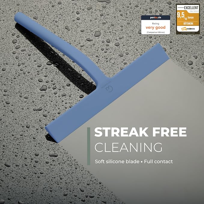GÜTEWERK Silicone Shower Squeegee for Glass Doors & Mirrors with Stainless Steel Core, Streak-Free & No-Squeak Window Cleaning, 3-in-1 No-Drill Mount (Hook/Suction/Adhesive),Blue, 9 Inches
