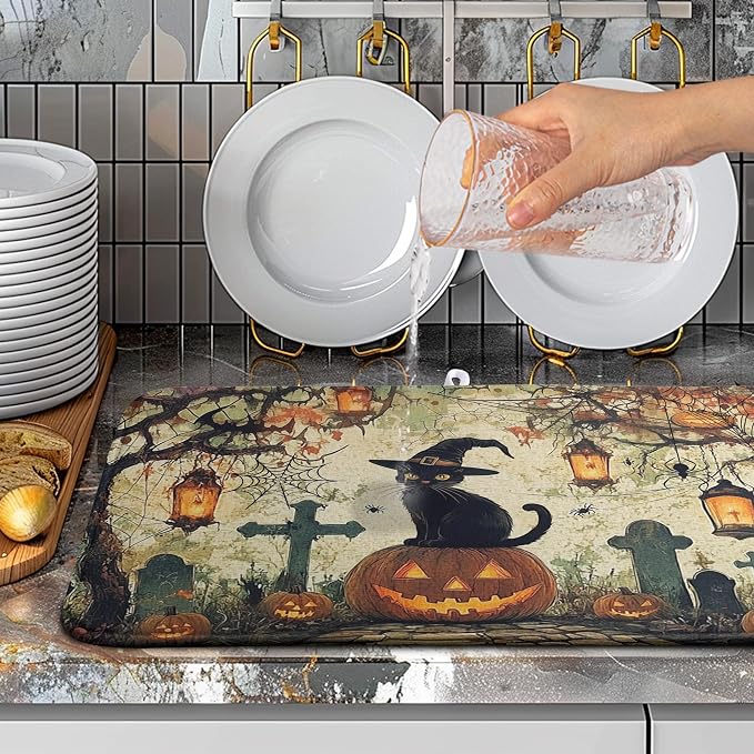Halloween Dish Drying Mat 18x24 Inch Black Cat Pumpkin Spooky Dish Pad Absorbent Microfiber Dishes Draining Mats Washable Dish Drainer Rack Mat for Kitchen Countertop