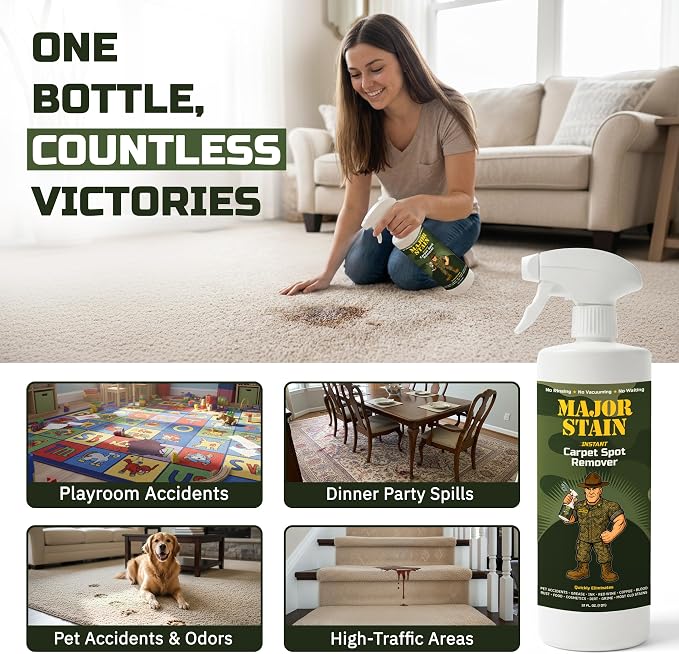 Major Stain Carpet Stain Remover Spray 32oz (2 Pack) – Powerful Cleaner & Spot Remover for Upholstery, Rugs & Fabric – Removes Wine, Coffee, Grease & Food Stains – Fragrance Free