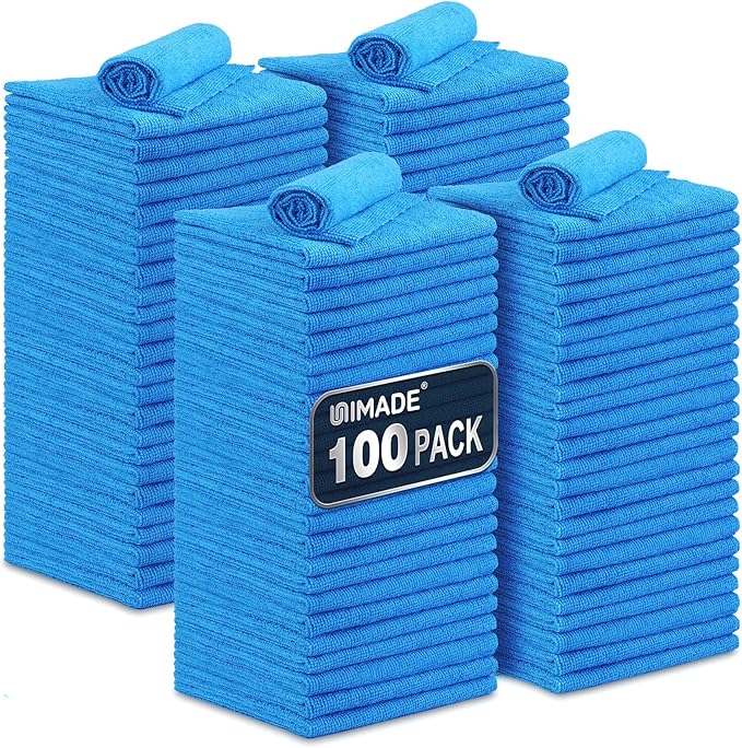 UNIMADE Shop Towels, 100 Pack Commercial Grade Work Rags Microfiber Towels for Cars Cleaning Rags Bulk Detailing Cloth for Automotive Bar Mechanic Restaurant Garage Housekeeping, 11.5"x 11.5", Blue