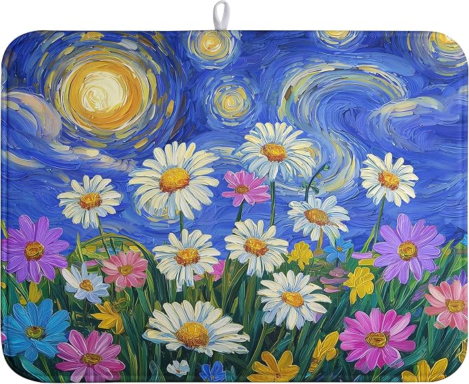 Spring Summer Daisy Floral Dish Drying Mats Spring Flowers Dish Mat Drying Matt Starry Sky Dishes Dryer Pad for Kitchen Counter Absorbent Microfiber Washable Foldable Reusable 18x24 in