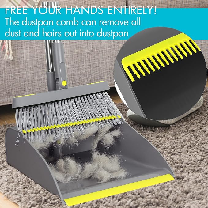 2-Pack Broom and Dustpan Combo Set, 48" Long Adjustable Handle Stand Up Dustpan with Self-Cleaning Teeth, Ideal for Home, Office, Kitchen, Indoor & Outdoor Use, Grey | Stand Up Dustpan with Self-Cleaning Teeth and Long Handle Broom Set for Home, Office...