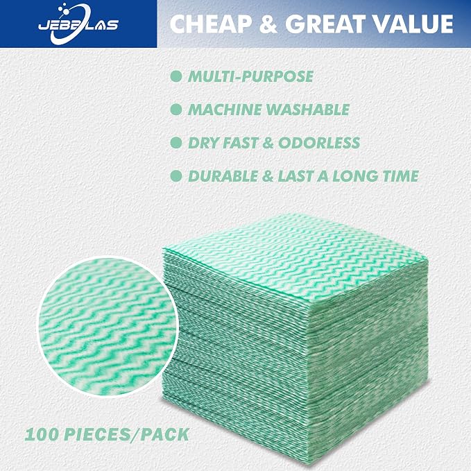 JEBBLAS 100Pack Reusable Cleaning Cloths 11.8‘’x11.8‘’ Handi Wipes Reusable Cloths Dry Cleaning Cloths Dish Towel Dish Cloths for Kitchen, Green