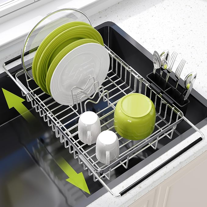 JASIWAY Expandable Stainless Steel Dish Drying Rack Over The Sink For Small Kitchen, Counter Space Saving Compact Plate Drainer Strainer, Adjustable Hanging Metal Dish Dryer Holder with Utensil Holder