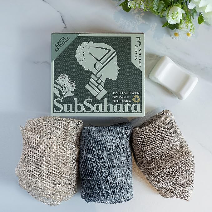 SubSahara Authentic African Net Sponge - 3 Pack Exfoliating Bath & Shower Loofah Sponge for Body & Face, Gentle Scrubber for All Skin Types, Travel, Durable