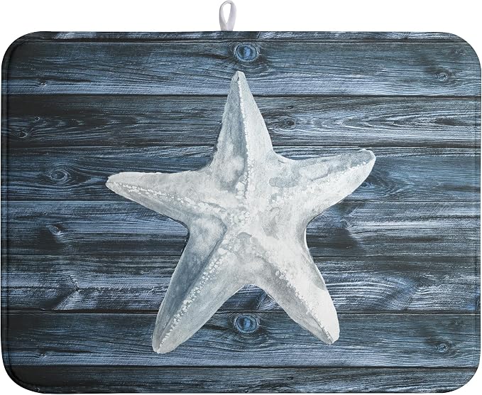 Summer Starfish Dish Drying Mat for Kitchen Counter Navy Blue Microfiber Absorbent Dish Drainer Rack Mats Coastal Ocean Themed Kitchen Sink Dishes Pad 18 X 24 Inch