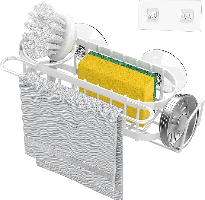 Cisily Kitchen Sink Caddy Sponge Holder in The Sink, Stainless Steel Kitchen Sink Organizer, Brush Holder, Dish Cloth Hanger, Sink Stopper Holder (Suction cup-Silver)
