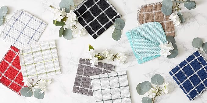 DII Scrubber Dishcloths Collection Windowpane Dishrag Set, 12x12, White/Stonewash Blue Stripe, 6 Piece