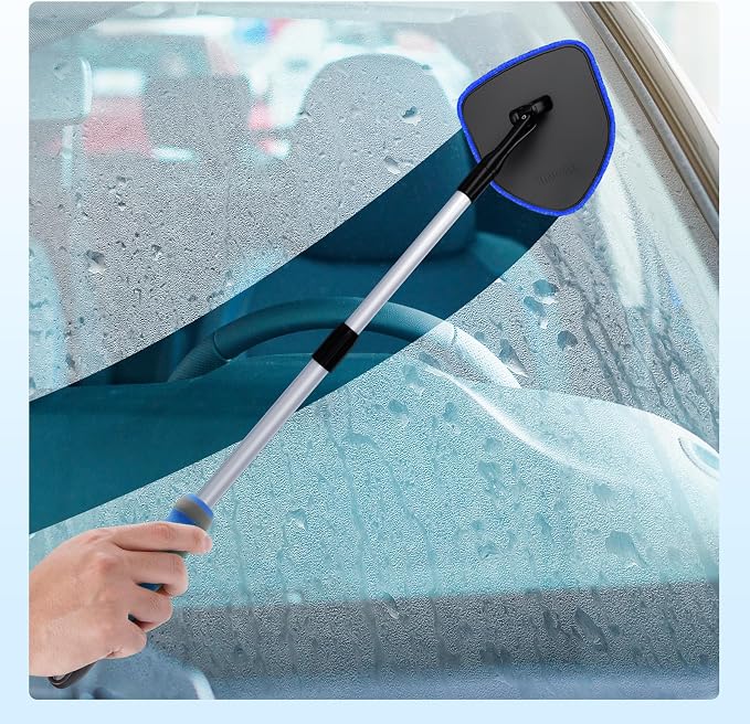 XINDELL Interior Windshield Cleaner Tool, Car Window Cleaning Kit with 5 Reusable Microfiber Pads, Extendable Handle & 360° Rotating Head, Safety Hammer, Streak-Free Auto Glass Wiper for Truck SUV RV