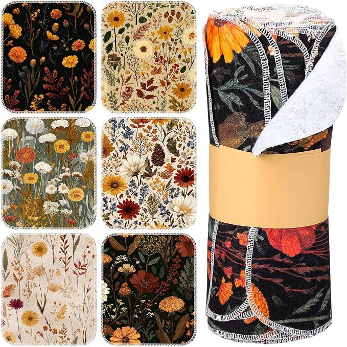 Reusable Cleaning Cloths Washable Cotton Kitchen Dish Towels for Home Party Supplies Bulk, 9.84x11.81in (36 Pack,Fall Wildflower)