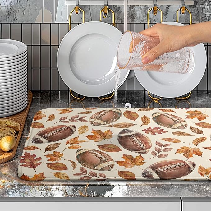 Burnt Orange Football Maple Leaves Fall Dish Drying Mat for Kitchen Counter Autumn Thanksgiving Dish Drying Pad Seasonal Harvest Holiday Absorbent Microfiber Dishes Drainer Mats 18x24 Inch