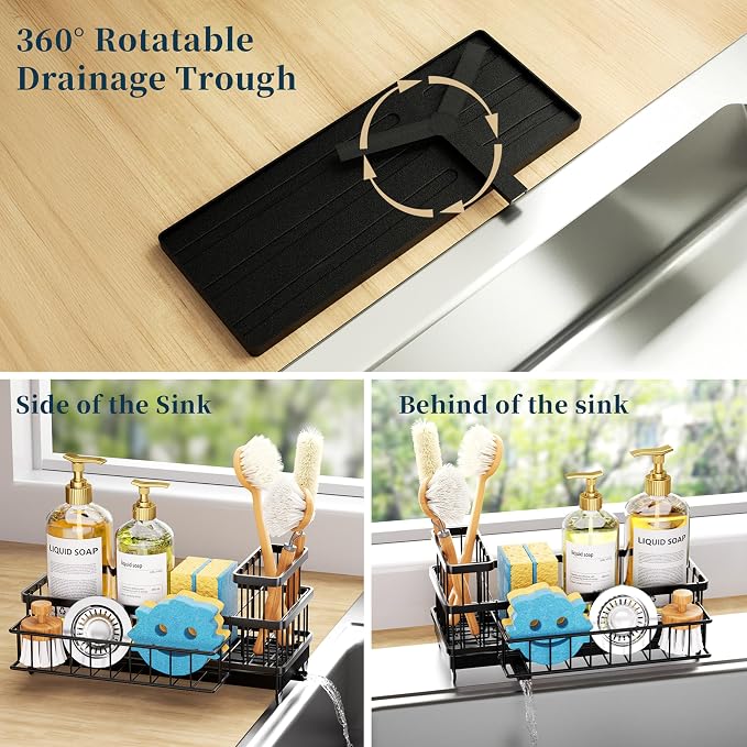Consumest Sponge Holder for Kitchen Sink - Auto Draining Sink Caddy Organizer with Detachable Rack, High Brush Holder, Kitchen Countertop Storage Accessories, Black-Large