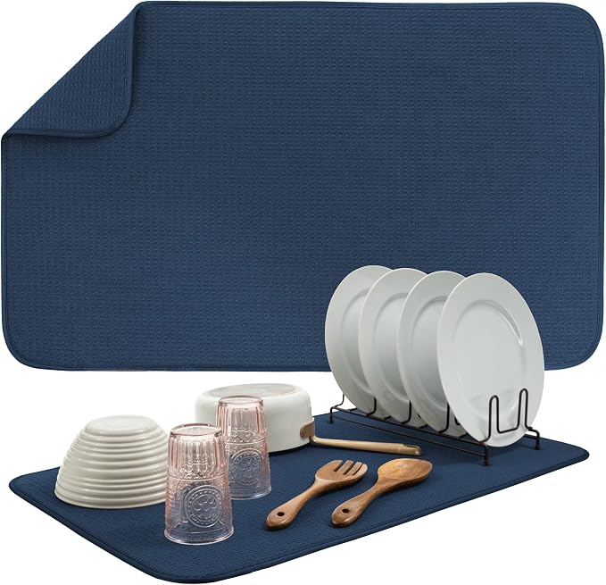 S&T INC. Dish Drying Mat Jumbo, 18” x 30”, Absorbent Microfiber Kitchen Counter Mat, Dish Drying Pad for Dishes, Utensils, Pots and Pans, Jumbo, Navy