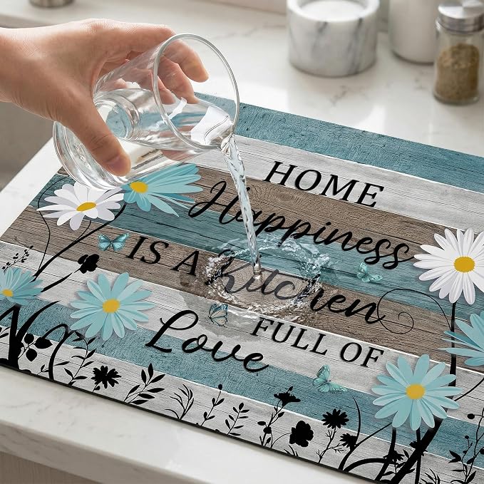 Daisy Dish Drying Mat for Kitchen Counter Sink, Absorbent Microfiber Farmhouse Drying Pad, Reversible Countertop Mat for Kitchen Decor