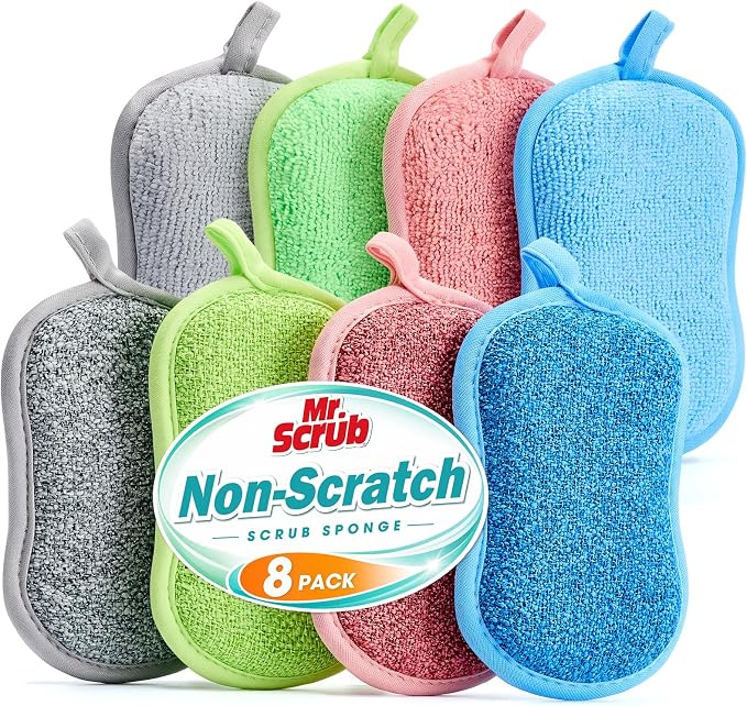 Mr. Scrub Sponges Kitchen Dish Sponge for Washing Dishes Cleaning Kitchen, 8 Pack, Non Scratch, Rough Scrubbers Side for Non-Stick Cookware, Soft Microfiber Scrub Side for Dishes, Multicolor