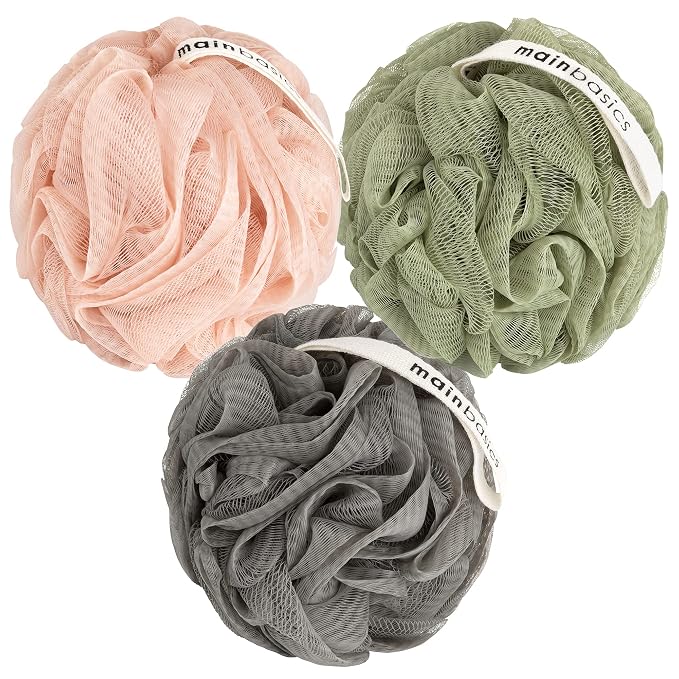 MainBasics Shower Loofah Sponge Pouf, Set of 3, Earthy Love | Soft Mesh Body Scrubber and Bath Sponge for Gentle Exfoliation, Rich Lather, and Everyday Shower Use