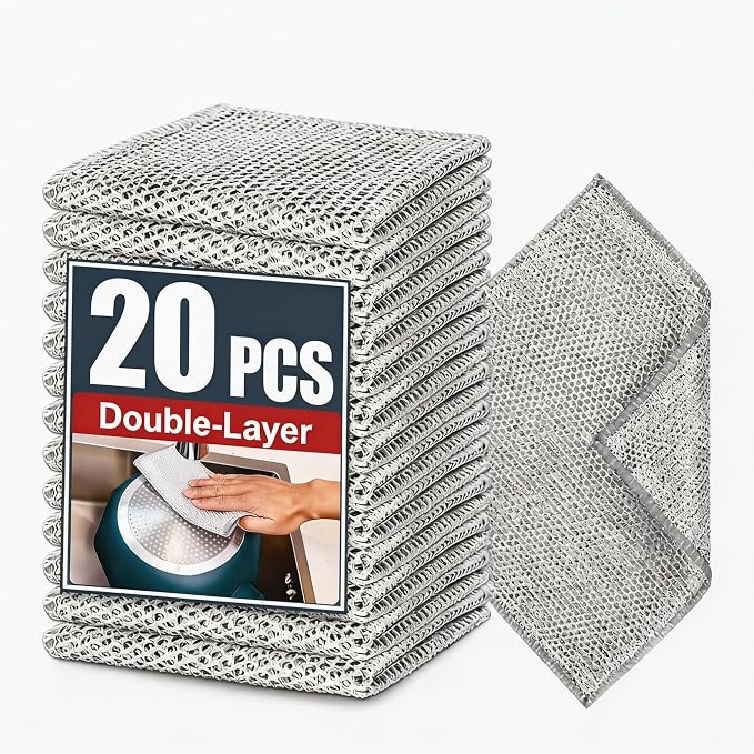 Double-Layer Steel Wire Cleaning Cloth - Non-Scratch Wire Dishcloth Rag Heavy Duty Scrub Pads Multi-Purpose Silver Mesh Scouring Pads for Dishes, Pots, Pans (20PCS)