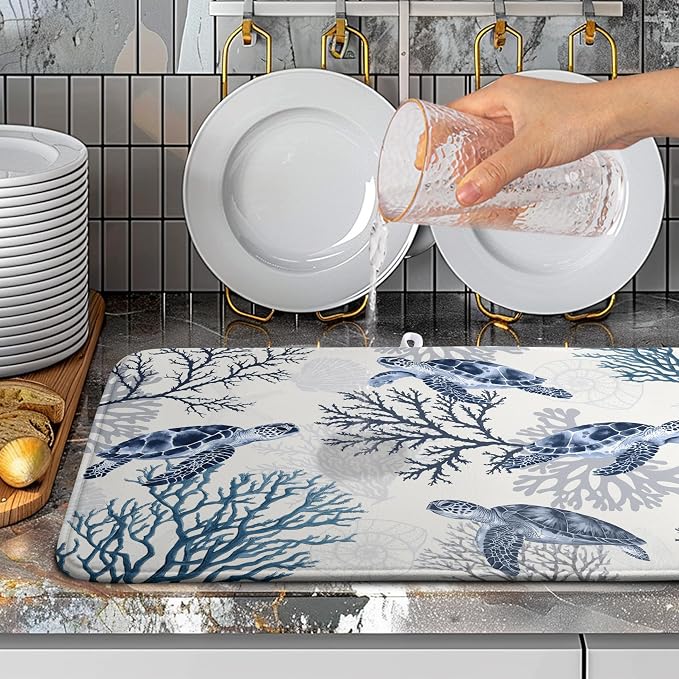 Summer Nautical Coastal Dish Drying Mat for Kitchen Counter Ocean Coral Sea Turtle Drying Rack Mats Beach Blue Dishes Drainer Mat Absorbent Microfiber Large Dish Draining Pad 18x24 Inch