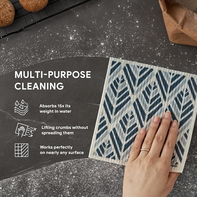 RECYCO Swedish Dishcloths for Kitchen | 5 Pack Boho Neutral Boho Washable Dish Rags | Cellulose Reusable Cleaning Paper Towels | Absorbent Counter Dish Cloth Sponge Kitchen Wipes, 8" L x 7" W