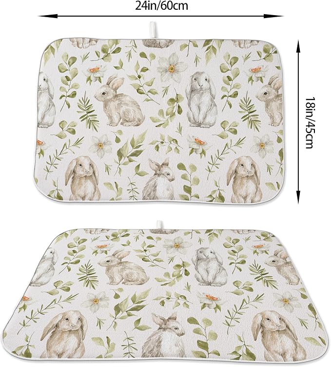Spring Dish Drying Mat 18x24 Inches For Kitchen Counter Absorbent Easter Green Rabbit Floral Kitchen Decoration Bunny Flower Drying Mat Pad For Home Kitchen,Dining Room,Office Decor