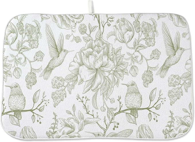 Floral Dish Drying Mat 18x24 Inches For Kitchen Counter Chinoiserie Sage Green Flower Birds Kitchen Decoration Drying Mat Decorative Drying Pad Mat for Home Kitchen,Dining Room,Office Decor