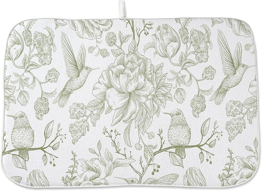 Floral Dish Drying Mat 18x24 Inches For Kitchen Counter Chinoiserie Sage Green Flower Birds Kitchen Decoration Drying Mat Decorative Drying Pad Mat for Home Kitchen,Dining Room,Office Decor