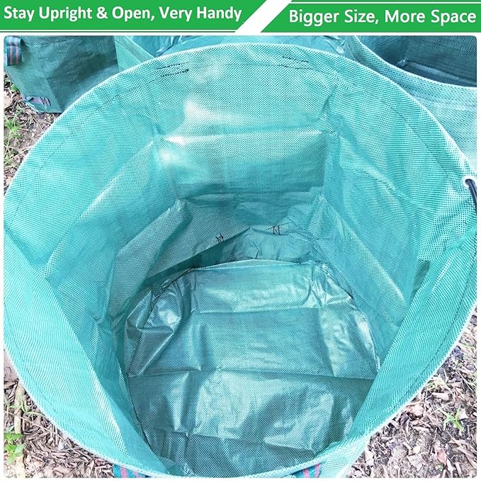 Professional 3-Pack 137 Gallon Extra Large Lawn Garden Bags (D34,H34 in) Reusable Yard Waste Bags with Gardening Gloves for Big Leaf Bag,Lawn Weeds,Grass Clippings Bag,Yard Debris Containers 4 Handles
