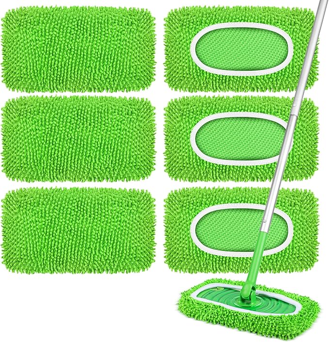 6 Pack Reusable Mop Pads Compatible with Swiffer Sweeper, Dry Sweeping Cloths & Wet Mopping Cloths - Microfiber Mop Pads for Hardwood Floors, Floor Cleaning, Wood Floors (Green)