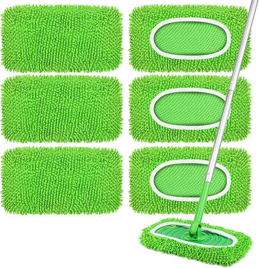 6 Pack Reusable Mop Pads Compatible with Swiffer Sweeper, Dry Sweeping Cloths & Wet Mopping Cloths - Microfiber Mop Pads for Hardwood Floors, Floor Cleaning, Wood Floors (Green)