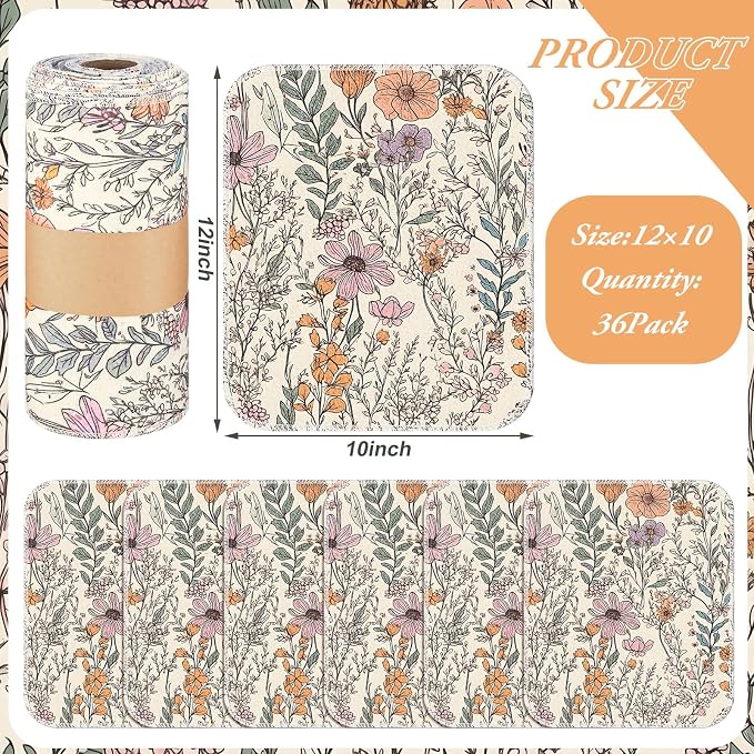 Reusable Cleaning Cloths Washable Cotton Kitchen Dish Towels for Home Party Supplies Bulk, 9.84x11.81in(36 Pack,Cute Wildflower)