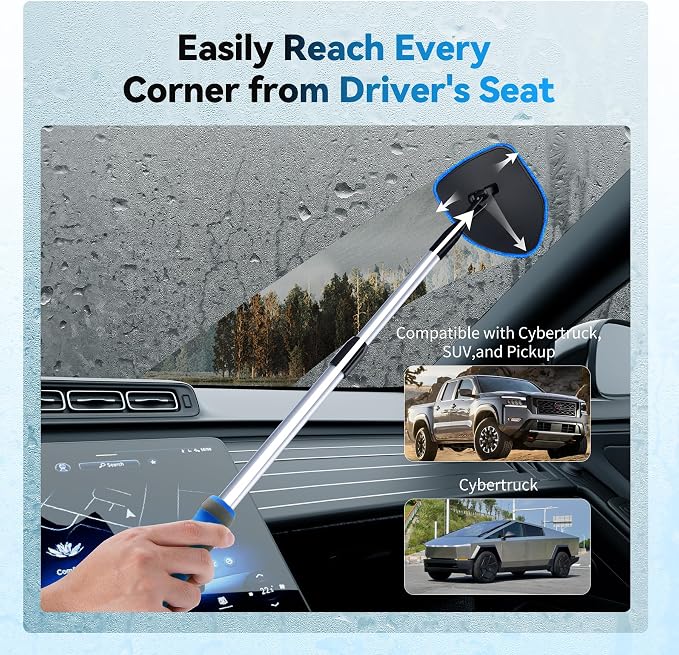 XINDELL Interior Windshield Cleaner Tool, Car Window Cleaning Kit with 5 Reusable Microfiber Pads, Extendable Handle & 360° Rotating Head, Safety Hammer, Streak-Free Auto Glass Wiper for Truck SUV RV