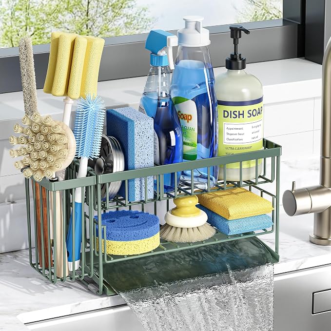 Cisily Sage Green 2-Tier Kitchen Sink Caddy Organzier Rack with Flexible Dish Brush Holder, Sponge Holder for Kitchen Sink Countertop Organization Storage, Home Decor