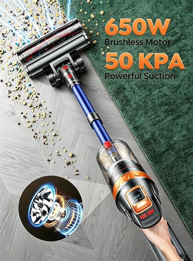 Cordless Vacuum Cleaner, 650W 50KPA 65Min Stick Vacuum Cleaners for Home, with Extra Mattress Cleaning Tool, Self-Standing, Wall Mount Charging, Stick Vacuum Cordless for Carpet Floor Pet Hair