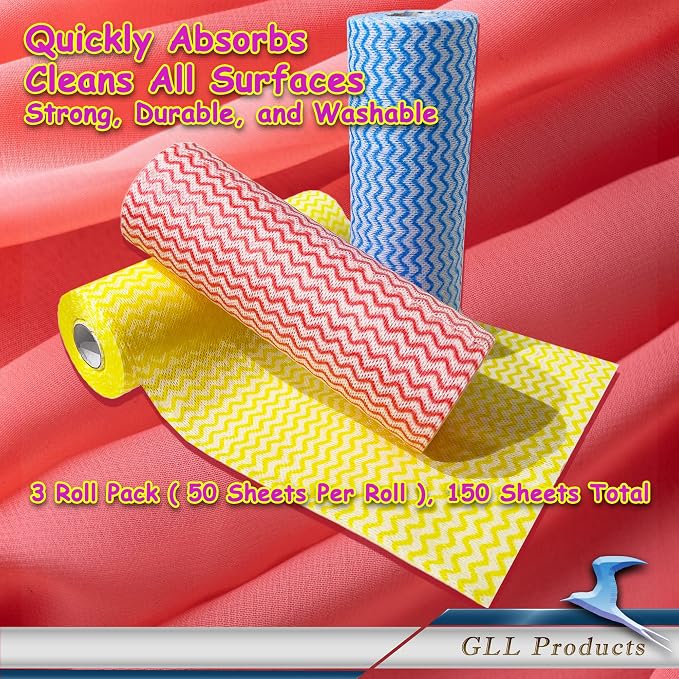 GLL Disposable Cleaning Cloths Wipe Roll, Dish Wash Cloths, Cleaning Washcloth Towel for Kitchen Bathroom Furniture and Car, One-Hand Tearing (Pack of 3-Rolls, 150-Sheets Total)