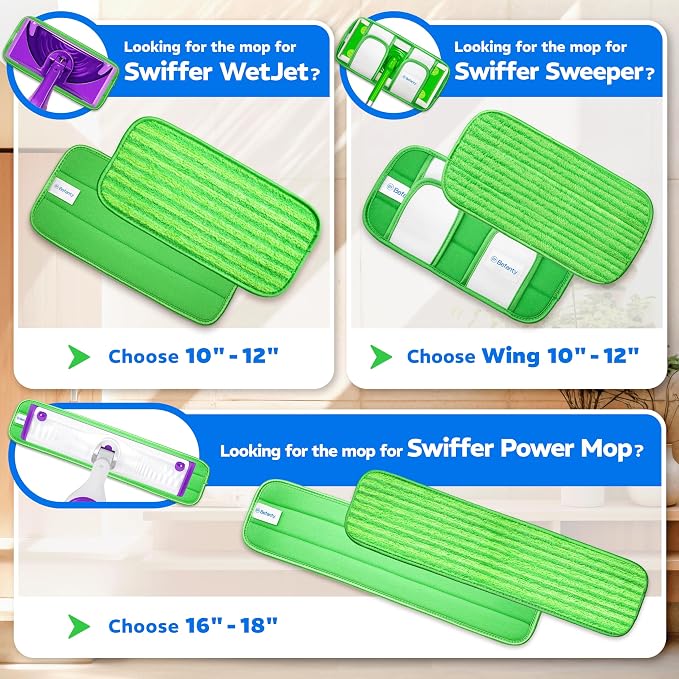4 Pack Reusable Microfiber Mop Pads, Compatible with Swiffer Sweeper, Machine Washable Cloths, Scraper Included, Refills for All Floor Cleaning, Hook and Loop, Wet Dry - 10"- 12"