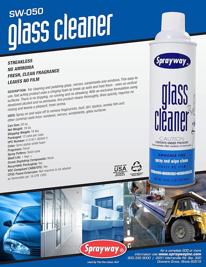 Sprayway Glass Cleaner with Foaming Spray for a Streak-Free Shine for Home and Automotive Use,19 oz.,(Pack of 12)