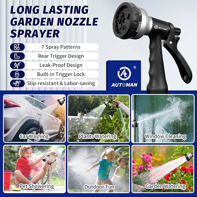 AUTOMAN-Garden-Hose-Nozzle, 2 Pack ABS Water Spray Nozzle, 7 Adjustable Watering Patterns, Slip Resistant for Watering Plants, Lawn& Garden, Washing Car, Showering Pets & Outdoor Fun.Silver Color